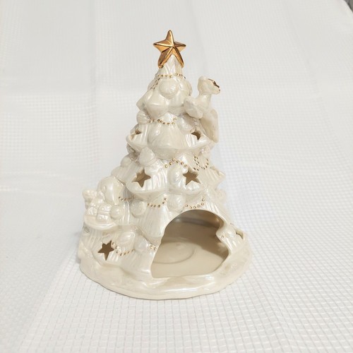 Christmas Tree Tealight Candle Holder Ceramic Creme Gold Accents Santa & Sleigh - Picture 5 of 9