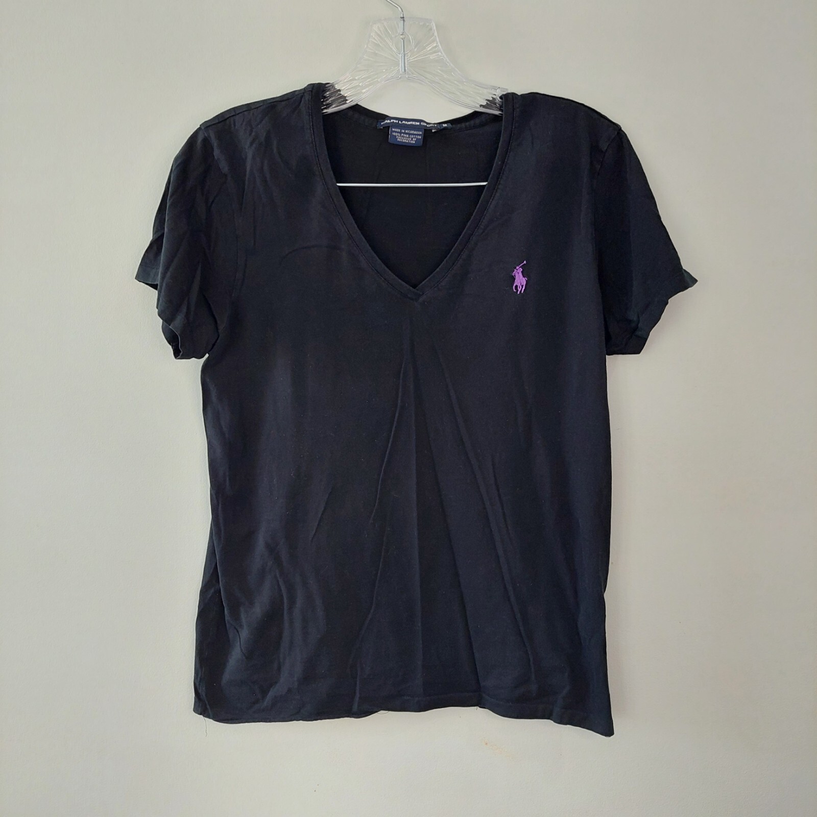 Ralph Lauren Sport t shirt Medium nera con scollo a V pony viola manica corta