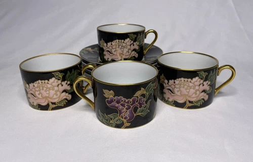 Set of 4 Cloisonne Peony Black by Fitz & Floyd Cup and Saucer Set Japan