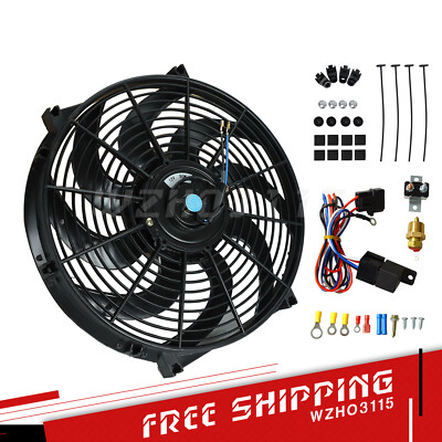 12'' Electric Radiator Cooling Fan Slim Pull 12V 90W w/ Thermostat Relay Wire Kit