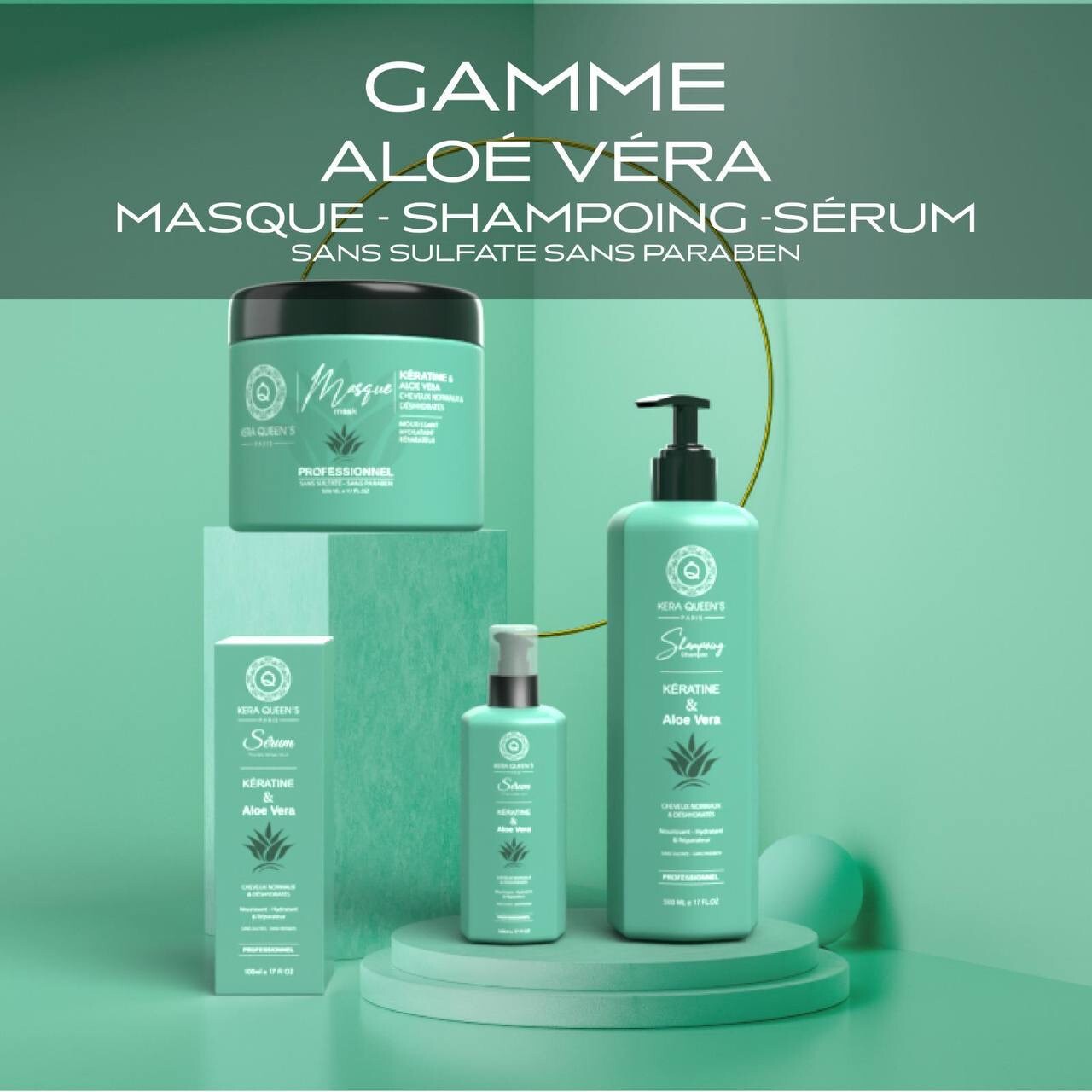 Gamme Kératine & Aloe Vera Kera Queen's Shampoing Masque et Sérum pour Cheveux