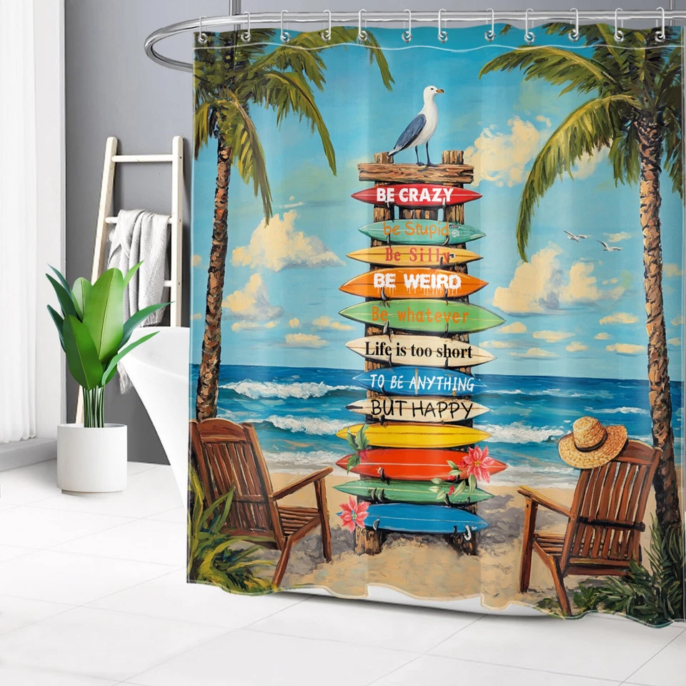 Juego de cortinas de ducha náuticas para decoración de baño tabla de surf playa océano azul verano Foto 4 de 4