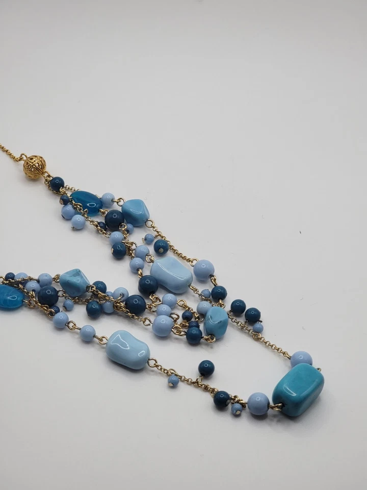 AVON Silver Plated Gold Toned Multistrand Layered Blue Beaded Choker Necklace — 第 4/4 张图片