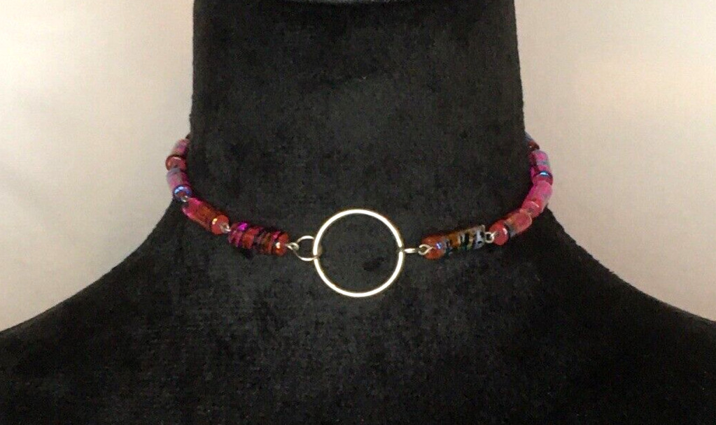 Collar Gargantilla Hecho a Mano Fiesta Rosa Vidrio Cuentas 13.5" Acero Inoxidable Langosta