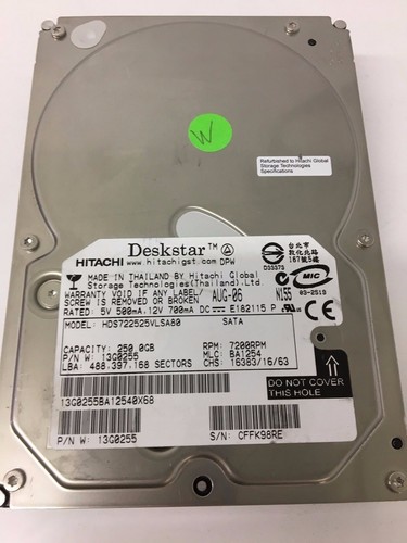 Hitachi Deskstar (13G0255) HDS722525VLSA80 250GB 3.5" 7200RPM Cache SATA HDD - Picture 2 of 4