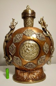 18/19C STUNNING Lg Chinese Bronze Copper Brass Moon Flask Vase Censer Ewer 35cm