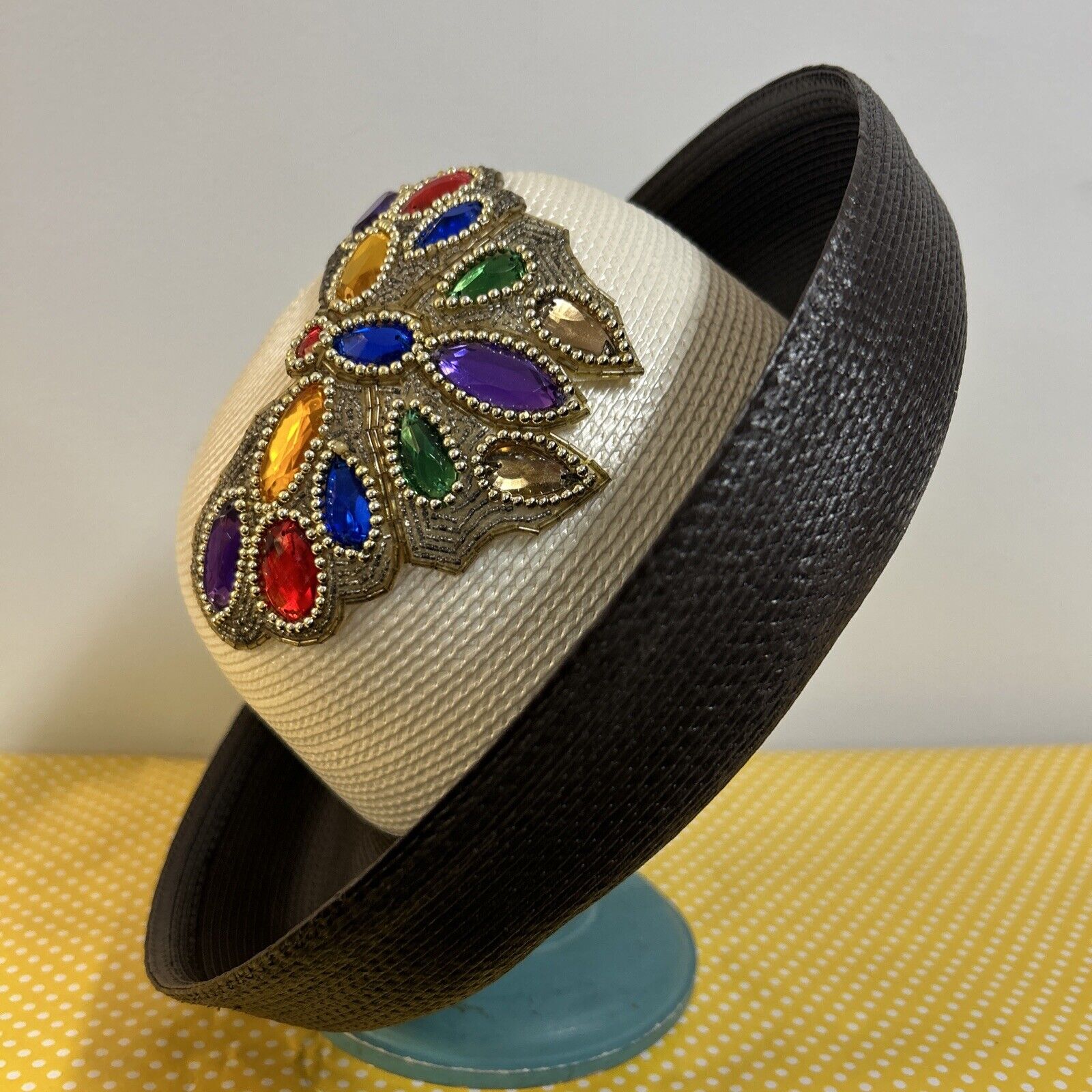 Vintage Church Hat Butterfly Faux Gem Stones Whit… - image 1