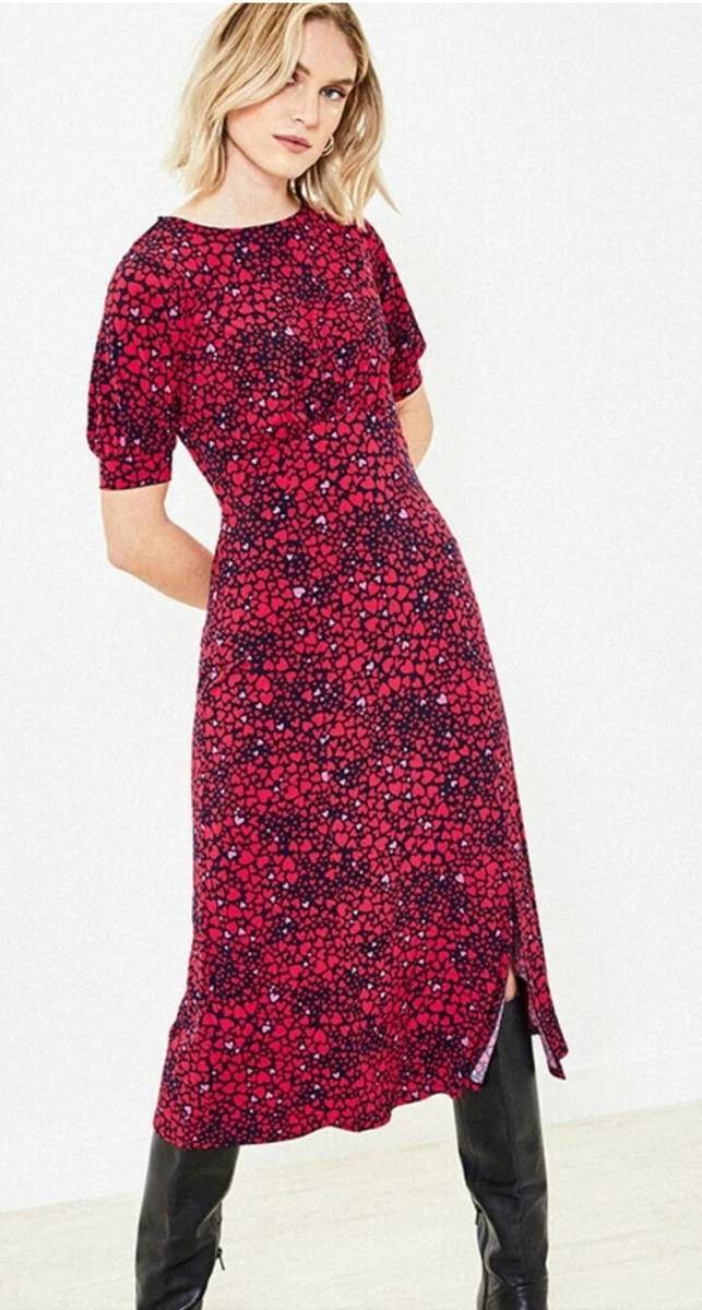 Oasis Navy Red Crushed Heart Slit Hem Midi Dress M 10 / 12 Puff Slv RARE  £39 VGC | eBay