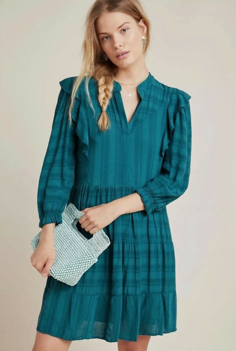 green emerald velvet dress Suzanne Appliqué Long Sleeve Mini Dress main image 1