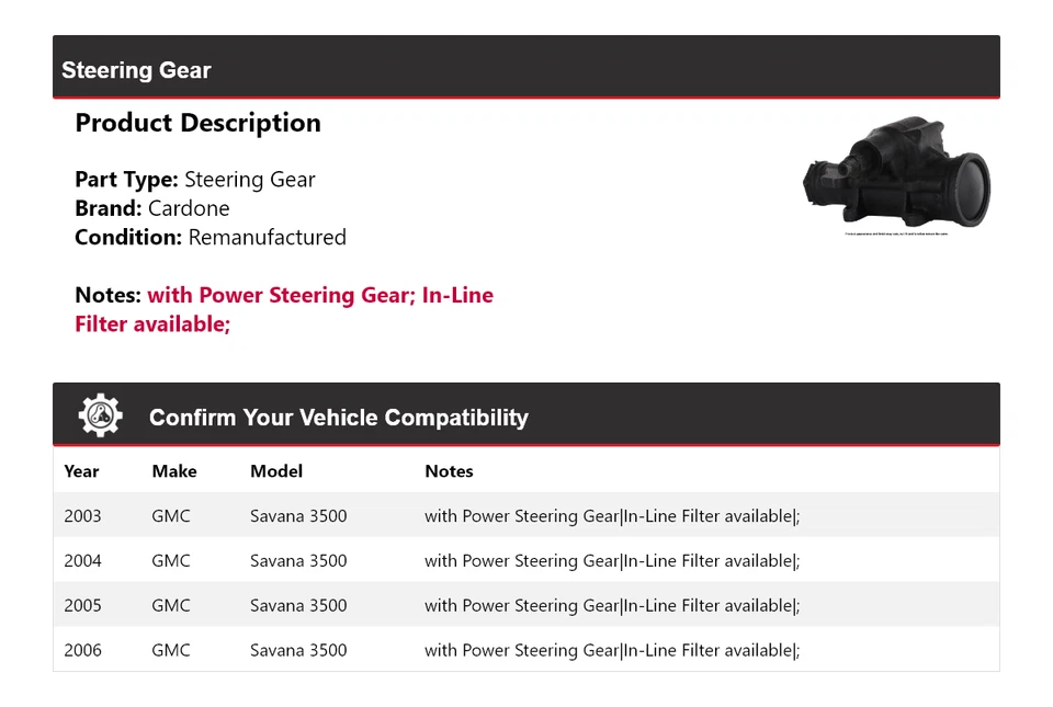Engranaje de dirección Cardone 2004 2005 para GMC Savana 3500 2003-2006 Foto 2 de 4