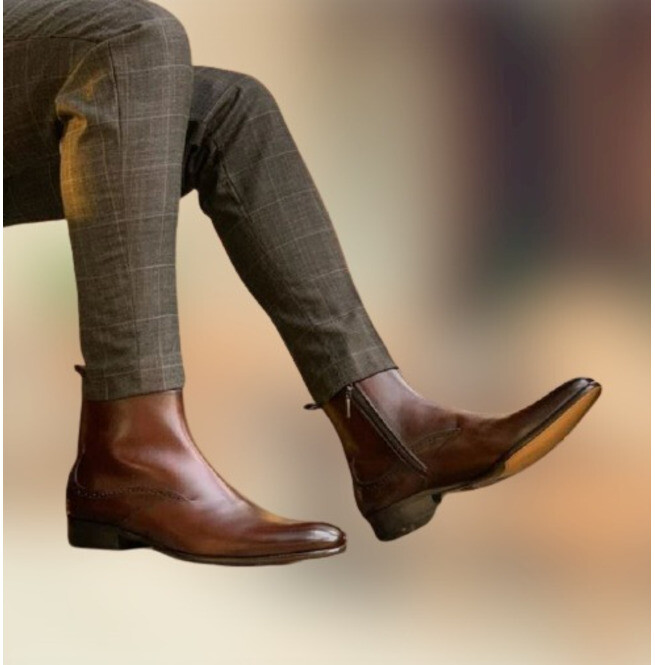 Handmade Men Brown Leather Side Zipper Boots, Brown Biker Boots