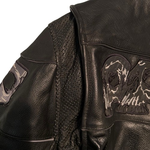 Leather Motorcycle Jacket Mens XL Black Reflective Skulls Lined Biker - Picture 6 of 12