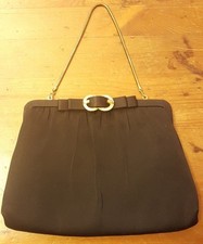 Vintage, H1 USA, Black, Satin, Evening Handbag with Brass and Rhinestone 1950s 
