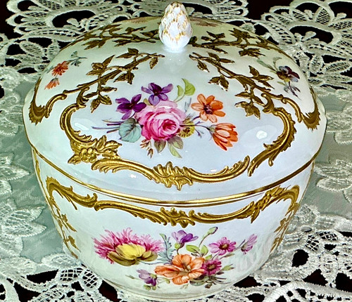 KPM Berlin Porcelain Gold Encrusted Floral Hand Painted Trinket Box Sugar Bowl