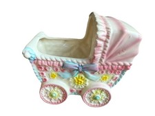 Vintage Baby Carriage NurseryPlanter - blue bow - made in Japan