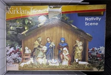 Vintage Kirkland's Nativity scene wood creche glazed ceramic figures 065821