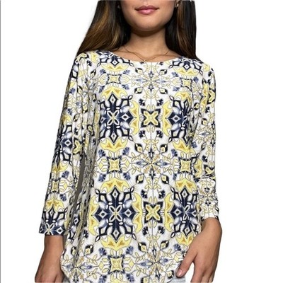Boho Tile Print Lightweight Top S Yellow 3/4 Sleeve Mediterranean Casual Vibe