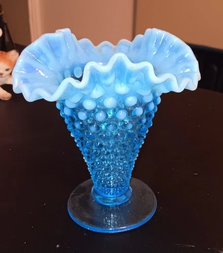 Fenton Blue Opalescent Hobnail Ruffle Edge 5 3/4" Triangular Vase