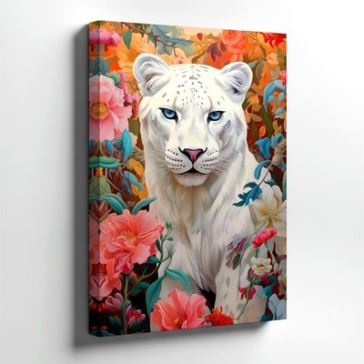 Wall Art White Leopard Floral Portrait Colorful Animal Modern Office Home Print