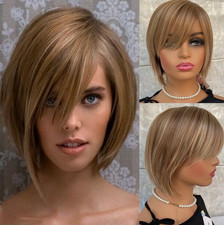 Short Bob Straight Hair Blend Heat Ok Wigs Brown Mix Women Soft Natural