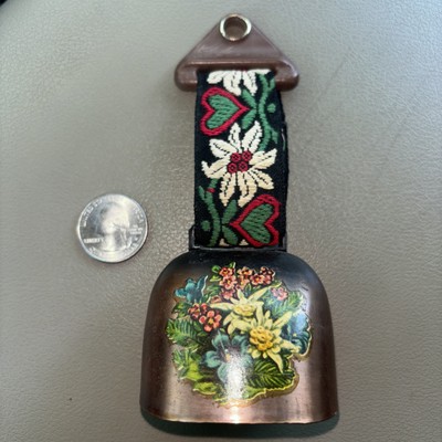 Decorative Vintage Floral Design Small Cow Bell with Embroidered Hanging Loop