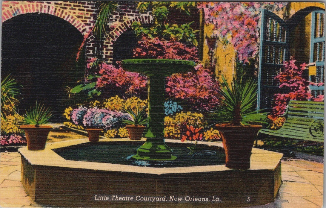 ~Little Theatre Courtyard Fountain~ New Orleans Louisiana Linen Postcard