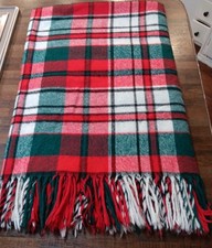 Vintage Plaid Wool Stadium Blanket With Fringe, Red/Green/White, 50" X 63"