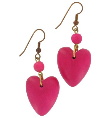 Large Pink Wood Beaded Heart Dangle Earrings Pierced Gold Tone 2''