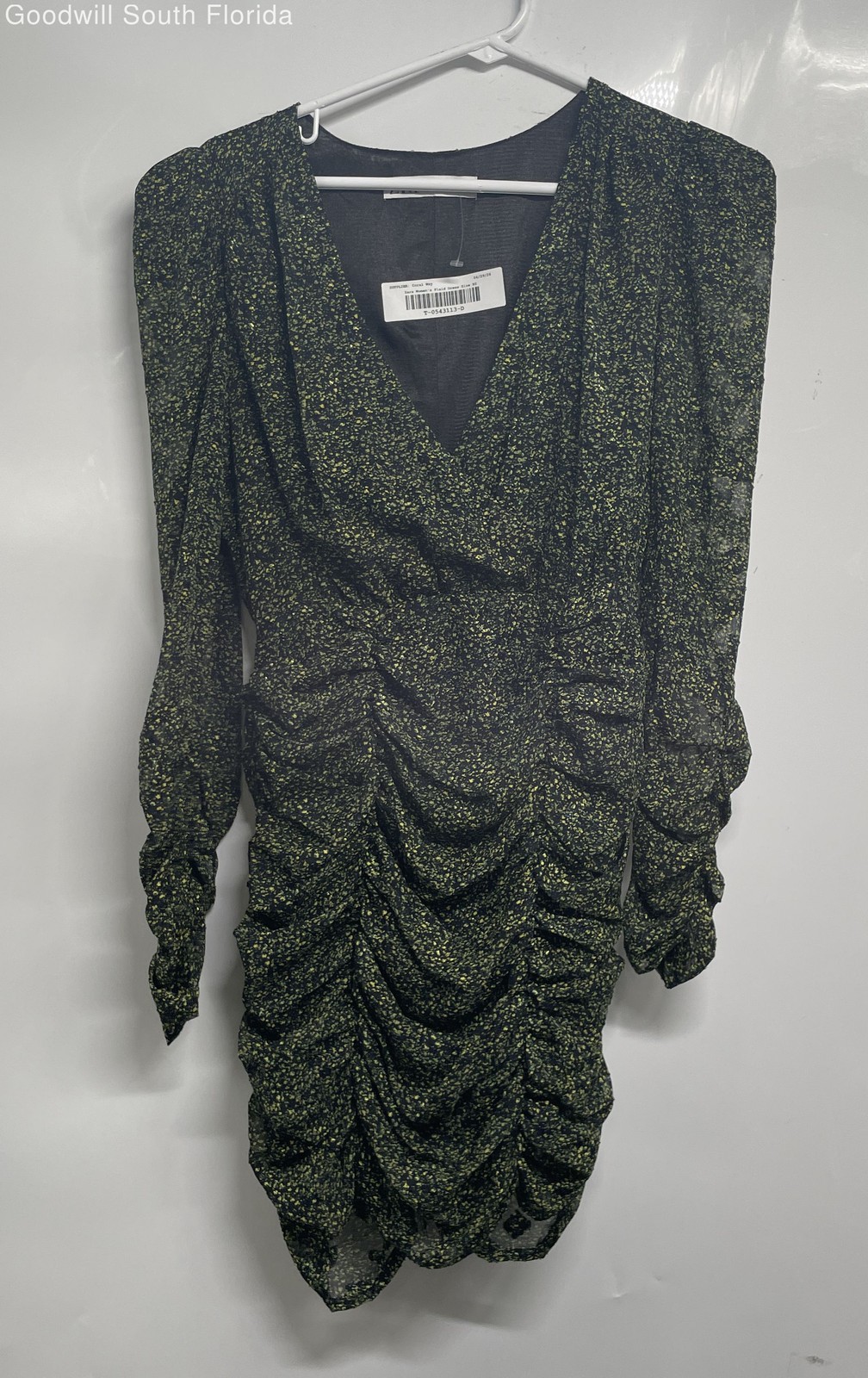 Zara Womens Black Printed Long Puff Sleeve V-Neck Ruched Mini Dress Size XS