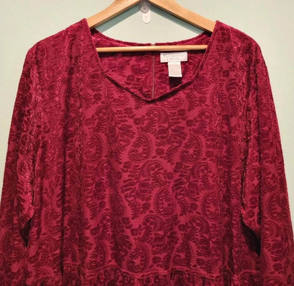 Vtg Red Burnout Velvet Long Sleeve Maxi Dress Pockets Holiday Party Sz 26w - Image 2 of 4