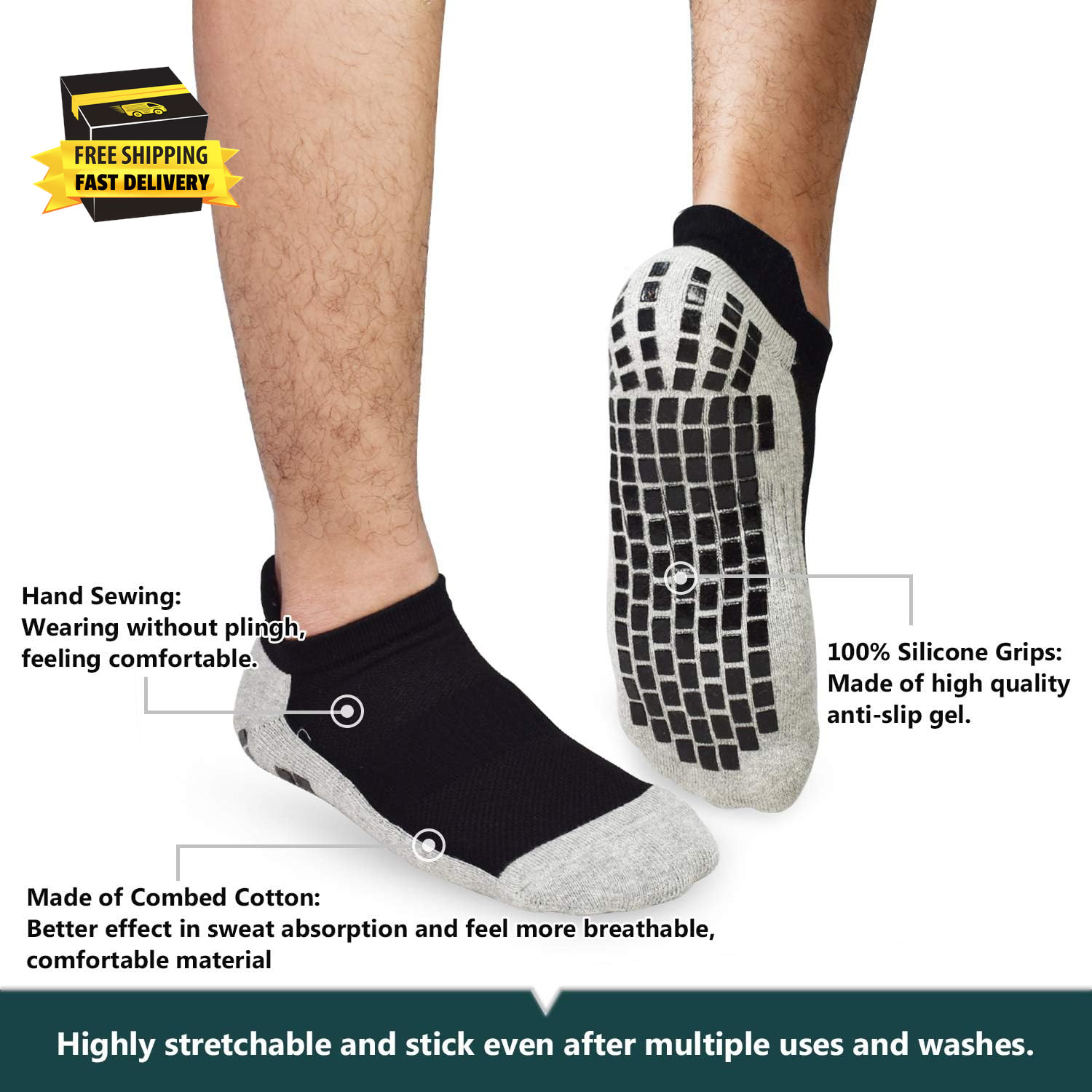 Mens Non Slip Socks 3 Pairs Size 6-12 Non Skid Sticky Grip Thick Pilates Yoga Ho