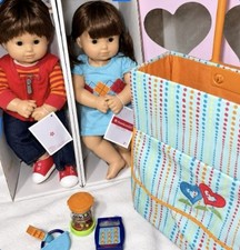 American Girl Bitty Twins Brunette Boy Girl Dolls Outfits Toys Rolling Carrier