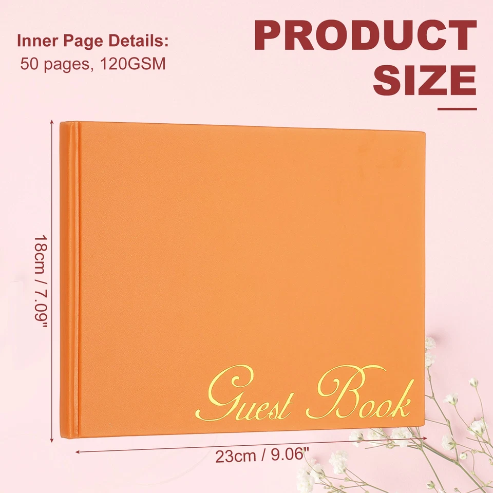 Elegante Libro de Visitas, 9"x7" Cuero PU Libro de Invitadas de Boda, Naranja Foto 2 de 4