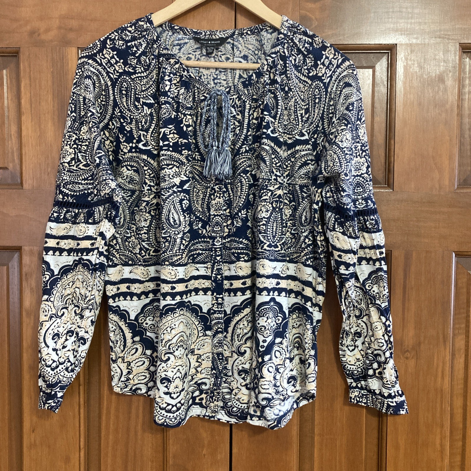 Lucky Brand Navy Paisley Peasant Blouse Top Women’s Size XL Linen Blend