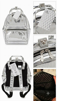 Metallic Silver Mini Backpack Purse, Heart Pattern, Top Handle, Zip, Lined