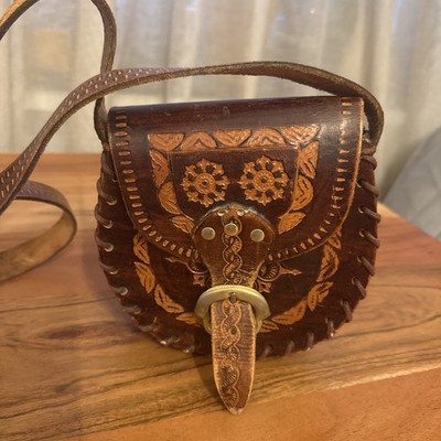 MALLORCA Vintage Hand-Tooled Flower Leather Purse 16x17x5