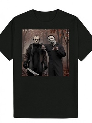 Two Masked Figures in Stylish Black Outfits  Round-Neck Short-Sleeve Print Men
