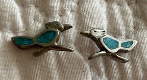 Vintage Native American Zuni Silver Turquoise Roadrunner Mini Stud Earrings