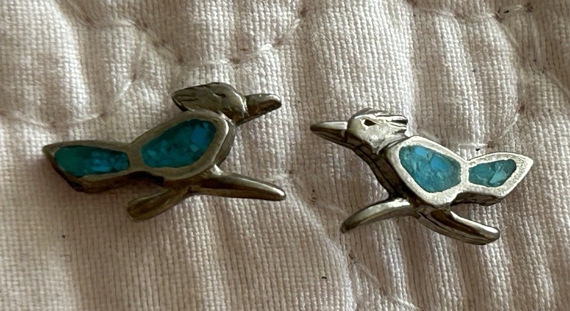 Vintage Native American Zuni Silver Turquoise Roadrunner Mini Stud Earrings