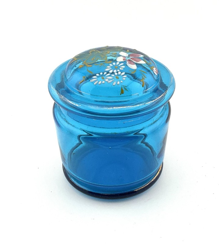 Antique Painted Enamel Blue Glass Jar & Cover Flowers Leaves