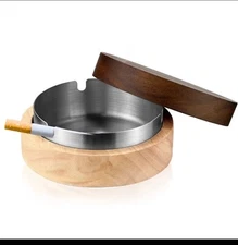 Wind Proof  Table Top Ash Tray with Lid Wood Ashtray Stainless Steel Liner
