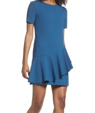 Charles Henry Womens Teal Blue Asymmetrical Ruffle Shift Dress Medium