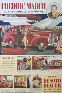 1938 DeSoto Red Car Vintage Ad Fredric March star performer