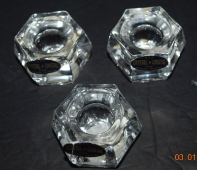 VINTAGE, LEAD CRYSTAL DePLOMO CANDLE HOLDER, (1.75'' Hexagon, 1.25'' tall) Br New