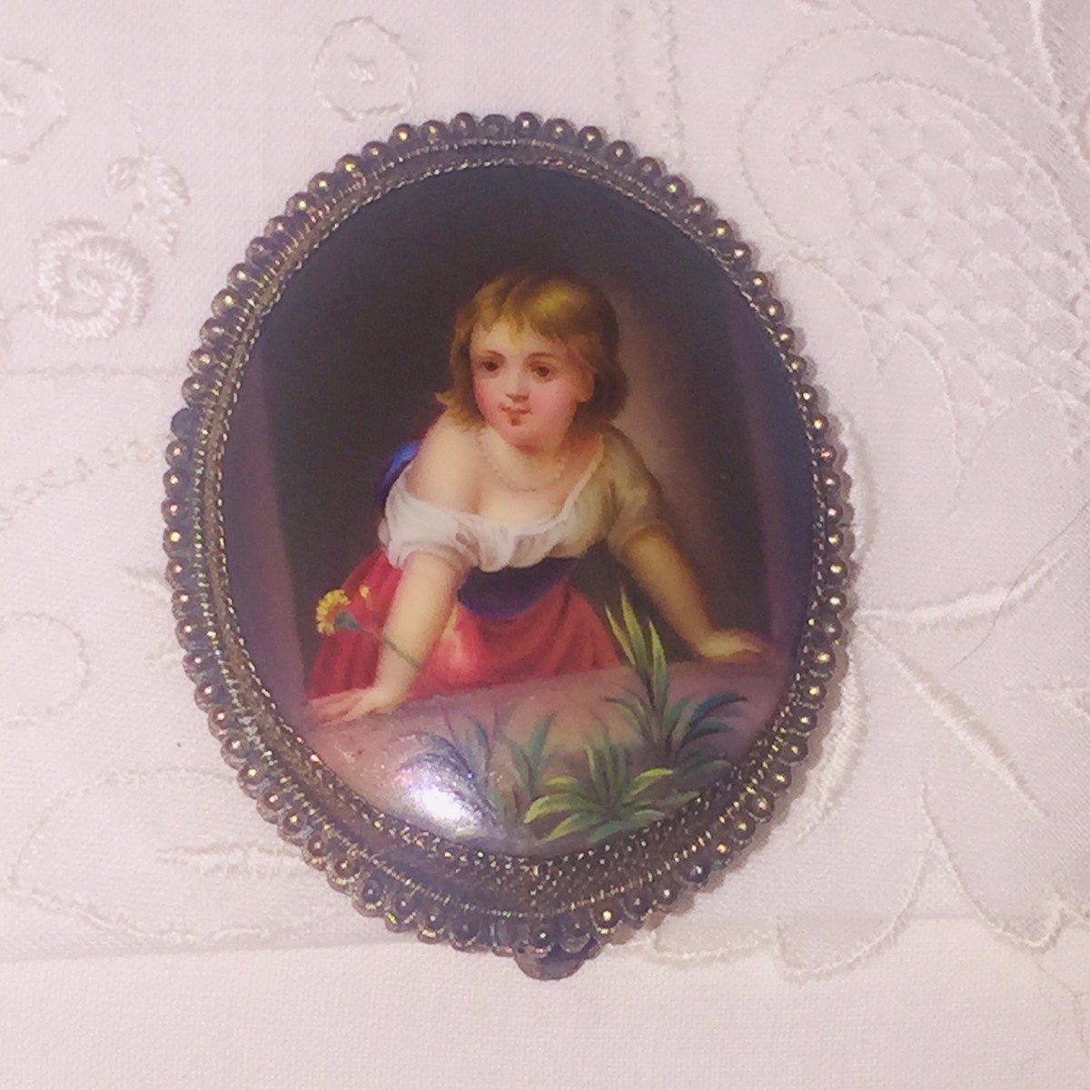 Antique Portrait Brooch Enamel MOP Cameo Hand Paint Lady Floral Bee Pendant Vtg View 6