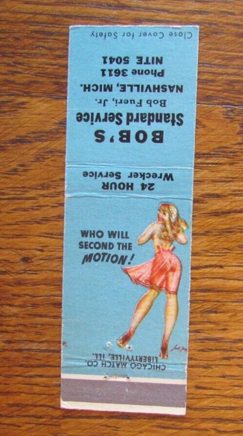 BOB'S STANDARD GAS STATION MATCHBOOK COVER: NASHVILLE, MI GIRLIE MATCHCOVER -B22