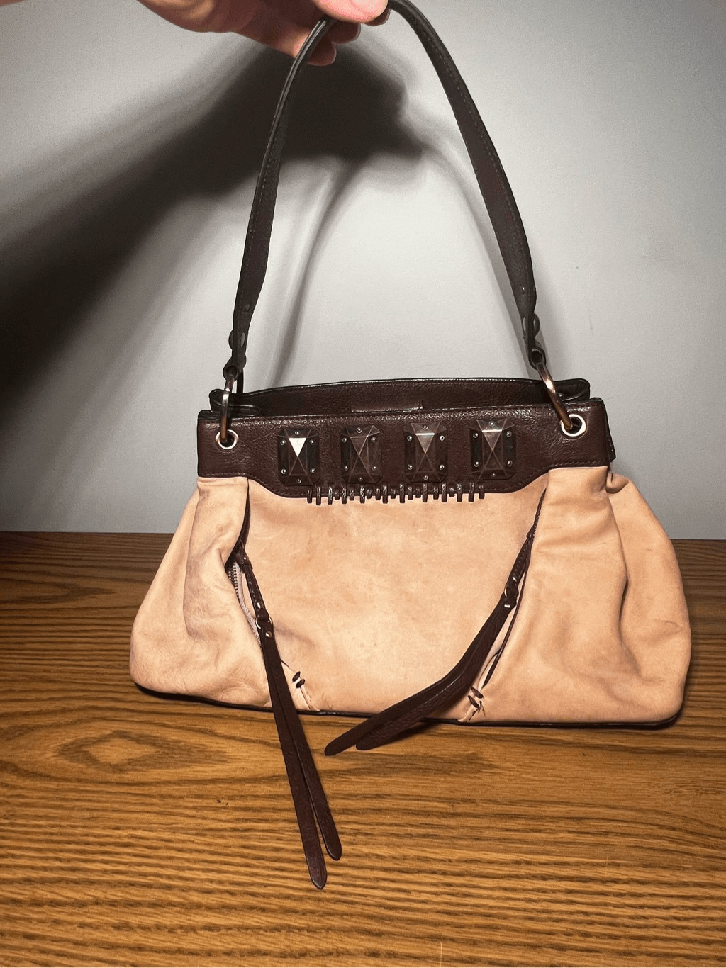 Tre Vero Leather Satchel Shoulder Bag Black & Tan - image 1