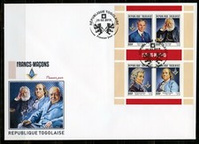 TOGO 2019 FREE MASONS FORD,HUGO, FRANKLIN &  MOZART SHEET FIRST DAY COVER