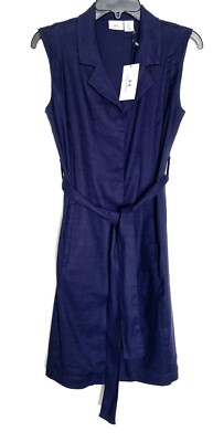 HALSTON H Navy Blue Stretch Linen Belted Waist Tie Collared Shirt Dress 2 =  XS | eBay