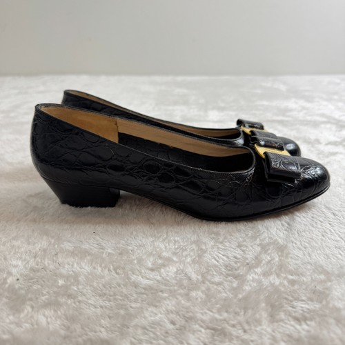 Vintage Salvatore Ferragamo Vara Fiocco Pump Donna 6,5 C Pelle Nera Italia - Foto 3 di 12